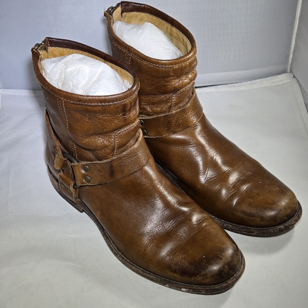 Frye Phillip Cognac Harness Leather Booties Size 9 M Womens Brown Shoes W/Box - Picture 2 of 12